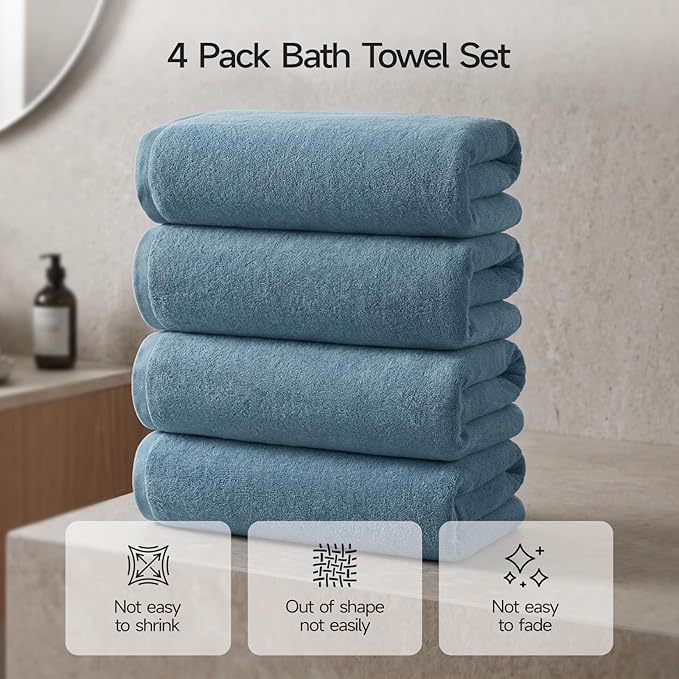 ecolook Bath Towels Set of 4,100% Cotton,27 x 55 Inches,Quick-Drying & Absorbent,Soft,Lightweight Towels for Bathroom,Shower,Spa, Gym & Hotel,Light Blue