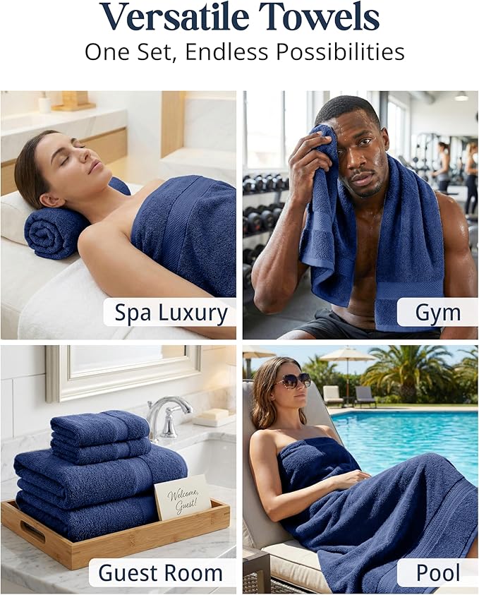 LANE LINEN Luxury Cotton Bath Towel Set - 6 Piece - Low Twist, Soft & High Absorbency - 2 Bath, 2 Wash cloths, 2 Hand Towels - Classic Hotel Quality, Durable & Ideal for Modern Bathrooms - Navy Blue