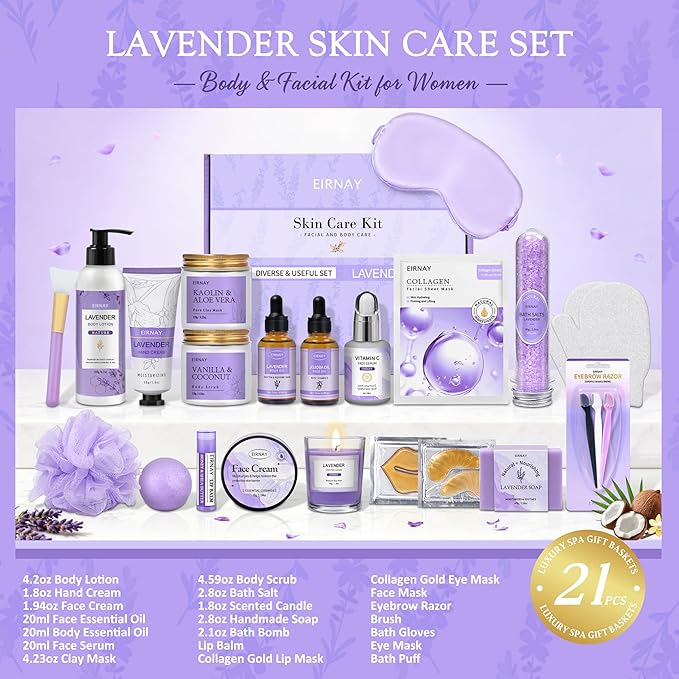 Mothers Day Gifts for Women, Spa Gifts Basket for Women, 21pcs Lavender Bath and Body Gift Basket, Self Care Gifts, Facial Skin Care Set, Birthday Gifts for Mom, Wife, Girlfriend, Sister