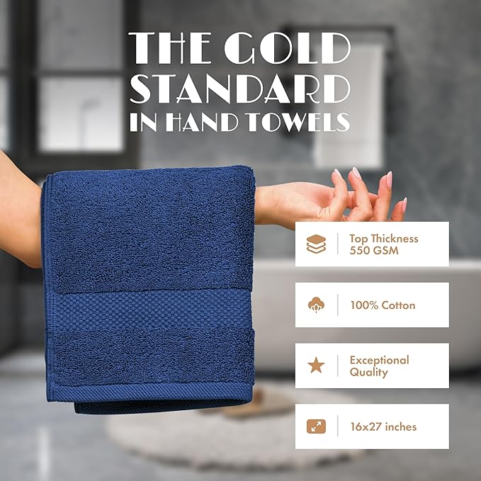 White Classic Navy Hand Towels for Bathroom [6 Pack] Cotton Hand Towel Bulk for Gym, Kitchen and Spa, 16x27 Inches Soft Highly Absorbent Quick Dry Terry Salon Towels