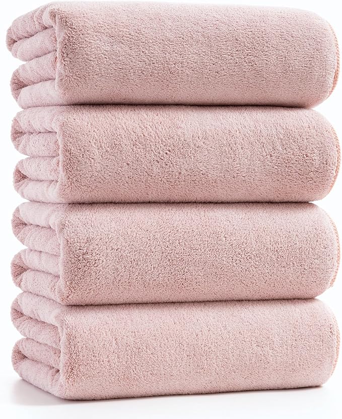 sakano 4-Piece Bath Towel Set,Quick-Dry Absorbent Lint Free & Launder Soft Coral Velvet Microfiber Towels for Bathing, Fitness, Spa, and Guest Use -Pink, 28 x 55 inches