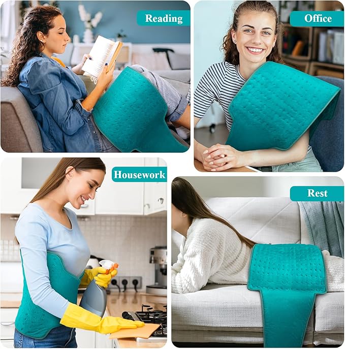 Heating Pad for Back, Heating Pad for Period Cramps/Waist/Stomach with Belt, Mothers Day Gifts for Mom Wife Grandma, Birthday Gifts for Women Men, 6 Heat Settings, 4 Auto-Off, Blue Green
