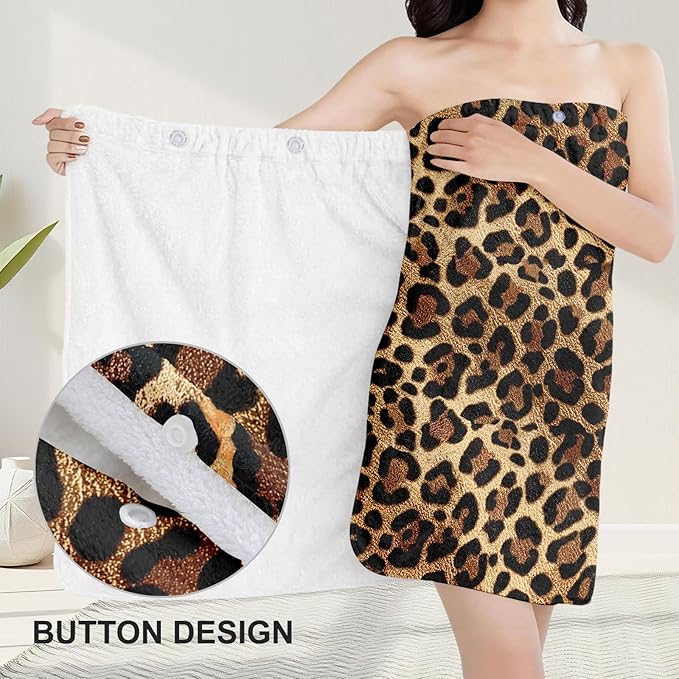 Absorbent Leopard Print Bath Towel Wrap Set for Women, Leopard Print Towel Wrap After Shower, Microfiber Shower Robe Body Towel Wraps for Women, Quick Dry Hair Towels Wraps for Spa Hotel Beach