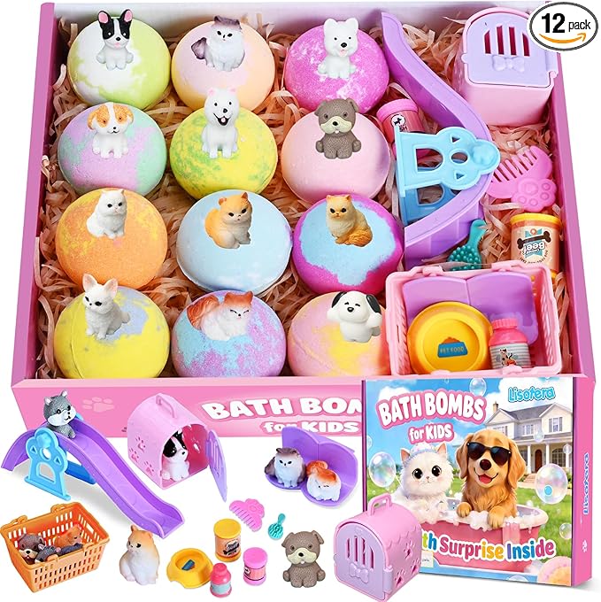 Kids Bath Bombs with Surprise Inside, Dog & Cat Toys Pretend Playset, Bubble BathBombs Fizzies 12 Pack Gift Set for Boys Grils, Birthdays Halloween Christmas Gift for Boys Girls