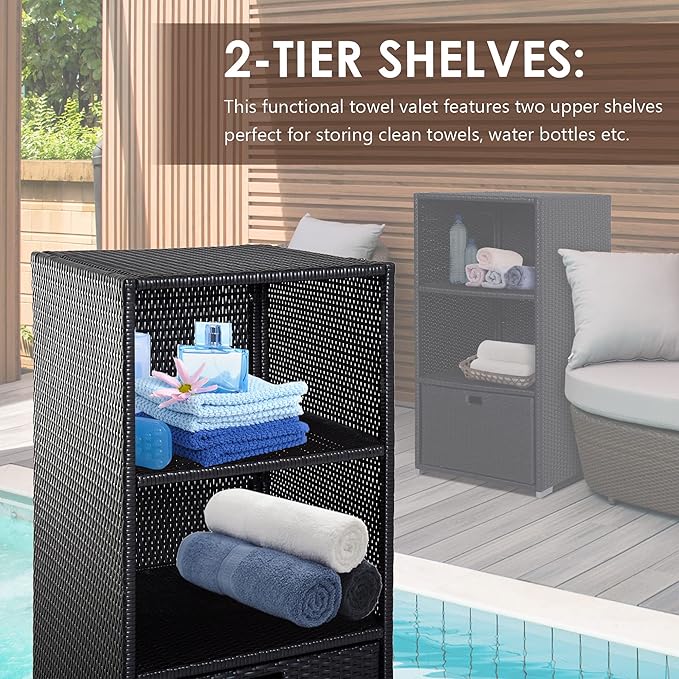 Outsunny Valet Pool Towel Rack, Waterproof PE Plastic Rattan Wicker Storage Organizer, Indoor Outdoor Spa, and Hot Tub Accessory Storage, 2 Shelves, 1 Basket Drawer, Espresso