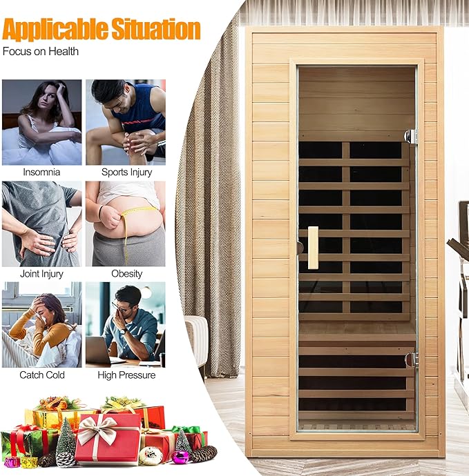 Far Infrared Sauna, 1 Person Infrared Sauna, Canadian Hemlock Wood 1290W Low-EMF Infrared Saunas for Home with Bluetooth Speakers, Reading Lamp