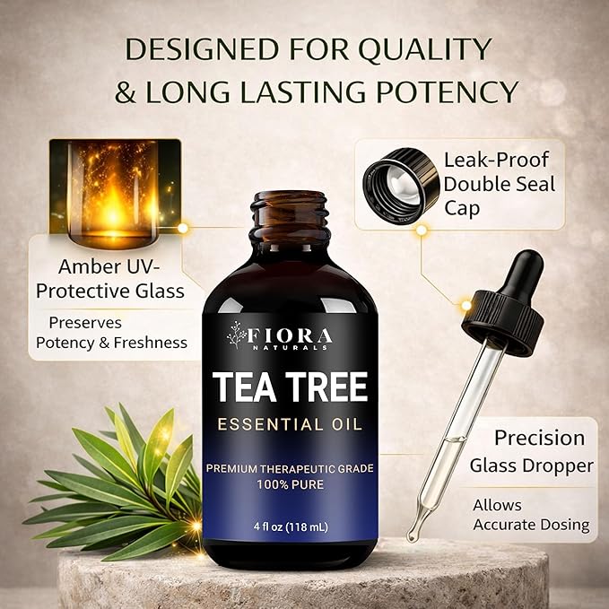 Fiora Naturals Tea Tree Oil 4 Fl Oz – 100% Pure Tea Tree Essential Oil for Skin, Face, Hair & Scalp Care, Nails & Toenails, Aromatherapy & Diffuser Use - Melaleuca Alternifolia