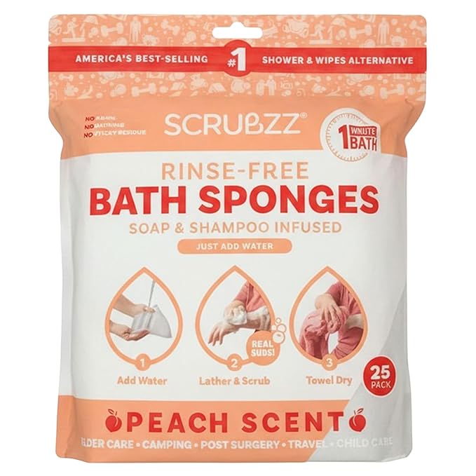 Scrubzz Disposable No Rinse Bathing Wipes - 25 Pack - All-in-1 Single Use Shower Wipes, Simply Dampen, Lather, and Dry Without Shampoo or Rinsing (Peach, 1-Pack)