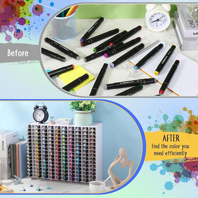 2 Pack Marker Storage Organizer, 600 Slots Total Art Supply Holder for Desk, Marker Rack with Removable Dividers for Colored Pencils & Paint Brushes (16.73 x 13.58 x 5.12 inch)