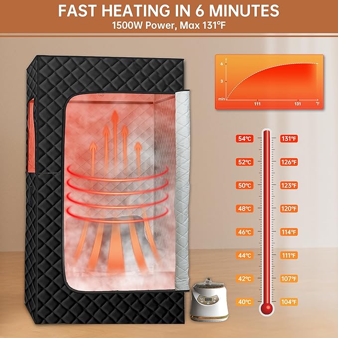 Springspa Portable Steam Sauna Box with 3L & 1500W±10%, Personal Sauna Tent with 9 Adjustable Heat Levels, Steam Sauna Full Body for Home, Foldable Chair, Extra Large Size 3' x 3' x 5.9'