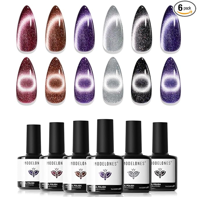 modelones Cat Eye Gel Nail Polish Set, 6 Colors Winter 9D Glassy Cat Eye Glitter Gel Polish Black Red Purple Blue Silver Brown Nail Polish with Magnet Soak Off LED DIY Salon Gift
