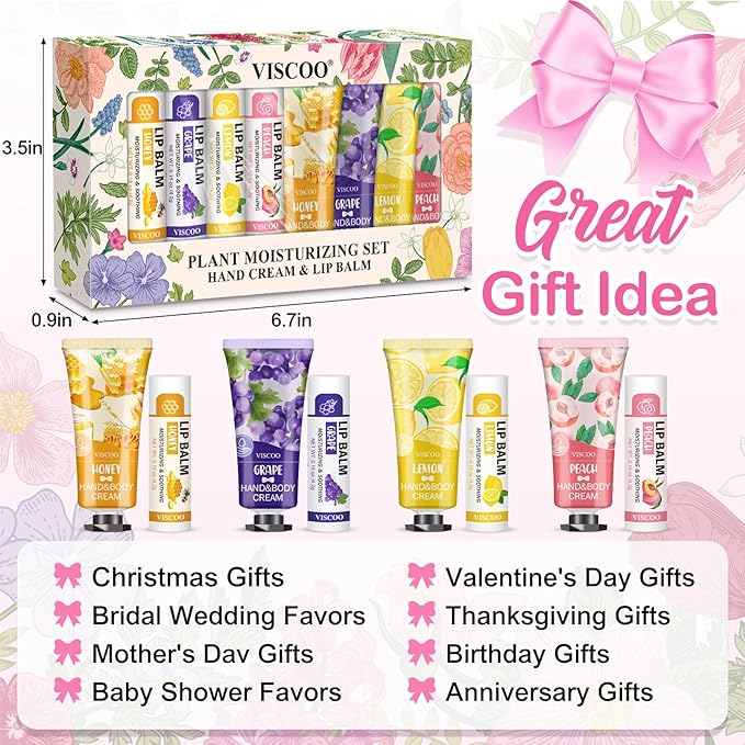 VISCOO 16 Pack Bulk Lip Balm and Hand Cream Set, Mothers Day Gifts, Teacher Appreciation Gifts, Nurses Week Gift, Thank You Bridal Wedding Favors for Guests, Small Gift for Women Birthday