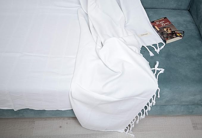 Bersuse 100% Cotton Troy XL Throw Blanket for Couch - 100% Cotton Lightweight Durable Throw Blanket, Big Blanket for Sensitive Skin, Decorative and Versatile - 59x81 Inches, White