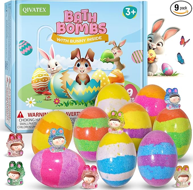 Qivatex Bath Bombs with Toys Inside, Easter Basket Stuffers, Natural & Organic Kids Bath Bombs, Bubble Bath Birthday Easter Gifts Set for Kid Boys and Girls Ages 3+
