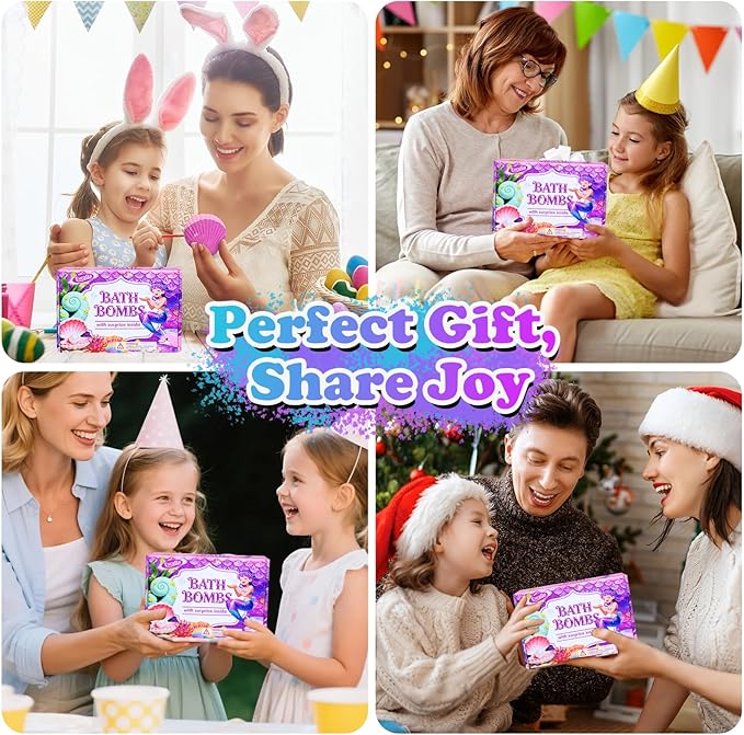 Bath Bombs for Kids with Surprise Toys Inside, 12 Pcs Kids Bath Bombs Gifts for Birthday Christmas Easter Party Favor, Handmade Shell Bubble Bath Kit with Mermaid Toys for 4 5 6 7 8 Year Old Girls
