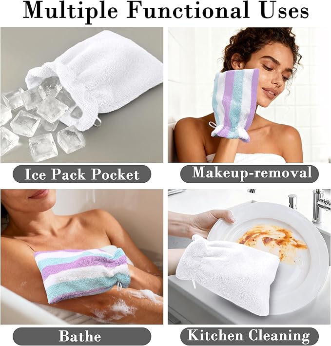 VOOVA & MOVAS Kids Bath Mitts 6-Pack, 100% Cotton Soft Absorbent Wash Cloths with Hanging Loop, 8.3x6.3 Inch European Style Bath Mitt for Toddler Shower, Purple Aqua Stripe & White
