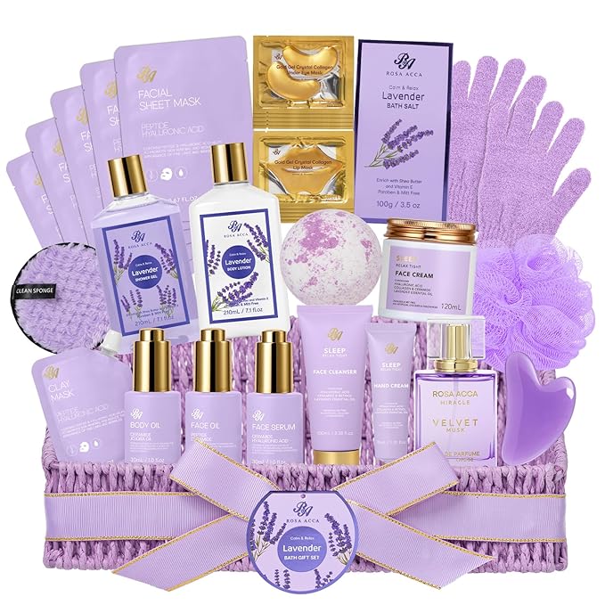 Mothers Day Gifts Basket for Mom, 32 Pcs Lavender Bath and Body Gift Basket Set for Women, Hydrating Facial Skin Care Set, Home Spa Self-Care Basket Set, Birthday, Anniversary, Wife