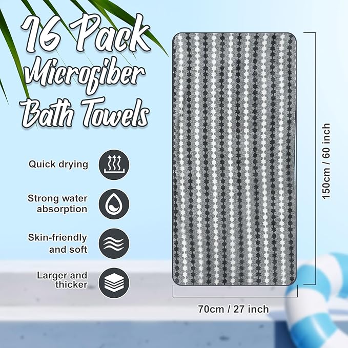 SmoothNovelty 16 Pack Microfiber Bath Towels Bulk 27'' x 60'' Oversized Size Bath Towel Highly Absorbent Extra Large Soft Drying for Beach Shower Summer Salon Sport Gym Party (Cone,Grey)