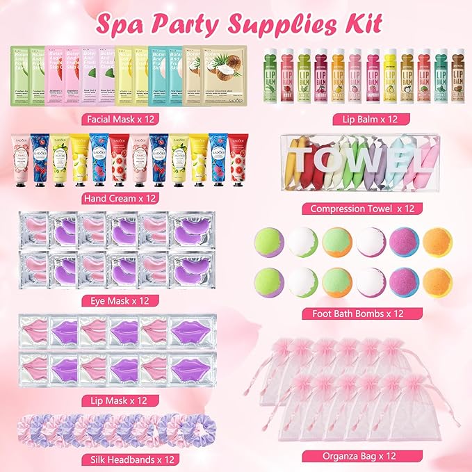 108 PCS Spa Party Supplies for Women, Spa Party Favors Include Facial Masks, Lip Mask, Lip Balm, Under Eye Patches, Foot Bath Bombs & Hand Cream, Christmas Gifts for Women Birthday Sleepover Party