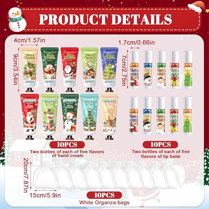 JAOJAO Christmas Lip Balm Bulk, Christmas Hand Cream with Organza Bag and Thank You Card Gentle Nourishing Xmas Gifts for Women Girlfriend Wife Mother Colleague Teacher, Set of 40