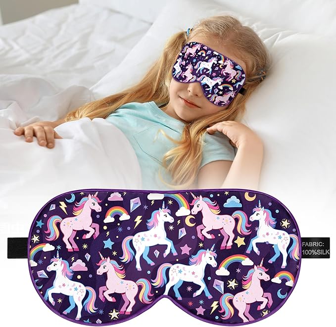 Kids Silk Sleep Mask: 100% Mulberry Silk Eye Mask with Adjustable Strap, Soft Blackout Boys Girls Sleeping Mask, Cute Printed Blindfold for Travel/School/Bed, Gift for Ages 5–15 (Purple Horse Style)
