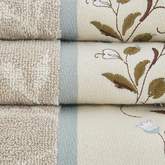 Madison Park Serene 100% Cotton Bath Towel Set Luxurious Floral Decorative Towels for Bathroom Embroidered Cotton Jacquard Design Soft Highly Absorbent for Shower 600 GSM, Multi-Sizes, Blue 6 Piece