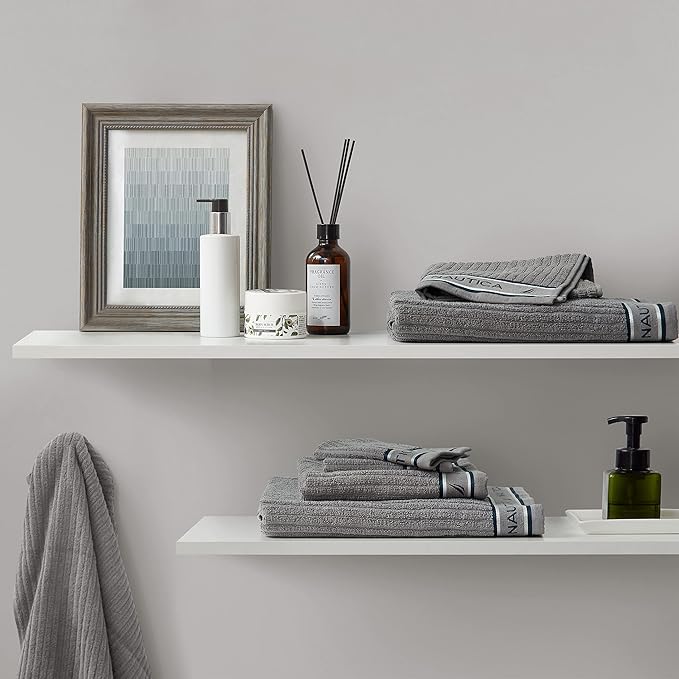 Nautica - Bath Towels, 100% Soft & Absorbent Fluffy Cotton, Highly Absorbent & Quick Dry, Cotton Bathroom Towels (Signature Grey, 6 Piece)