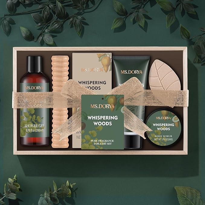 Mothers Day Spa Gift Set for Her - 6Pcs Bath and Body Kit with Shower Gel, Body Lotion, Bath Salt, Scrub, Massage Stick - Whispering Woods Spa Basket for Women Mom Wife Girlfriend