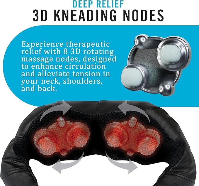 Daiwa Felicity Shiatsu Neck & Back Massager with Heat - Deep Tissue Pain Relief for Shoulder with 8 3D Kneading Nodes - Electric Full Body Massage, Ergonomic, Portable, Includes Power/Car Adapter