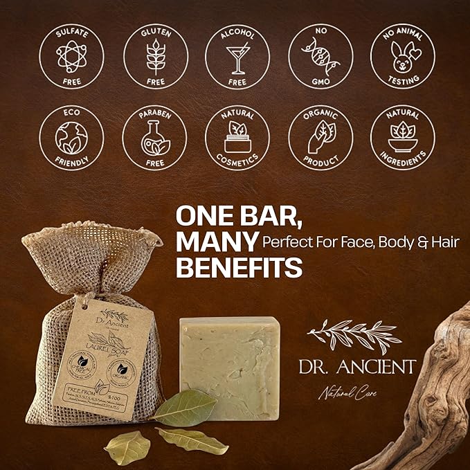 Dr.Ancient Aleppo Laurel Soap Bar, Organic Soap Bars Handcrafted the Traditional Way, Natural Chemical-Free, Vegan, Used for Face Wash, Body Wash, Hand Cleansing and Daily Skin Care, Gentle Cleanser
