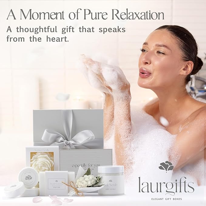 Mothers Day Spa Basket for Women – Sweet Coconut Luxury Candle & Bath Set, Handmade Self Care Birthday Box for Mom