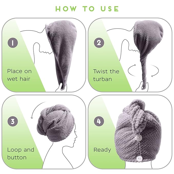 SimpleField 2 Pack Microfiber Hair Towel Wrap for Women, Anti Frizz Quick Drying Hair Turban for All Hair Style, Absorbent and Lightweight (Grey)