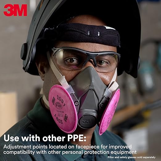 3M Half Facepiece Reusable Respirator 6300, NIOSH, Four-Point Harness, Comfortable Fit, Dual Airline Supplied Air Compatible, Bayonet Connections, Painting, Sanding, Cleaning, Large
