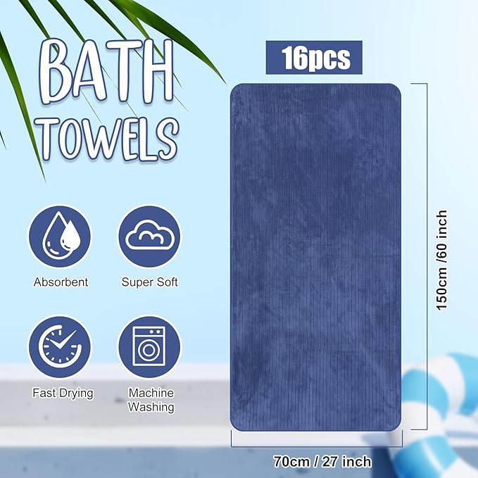 SmoothNovelty 16 Pack Microfiber Bath Towels Bulk 27'' x 60'' Oversized Size Bath Towel Highly Absorbent Extra Large Soft Drying for Beach Shower Summer Salon Sport Gym Party (Stripe,Dark Blue)