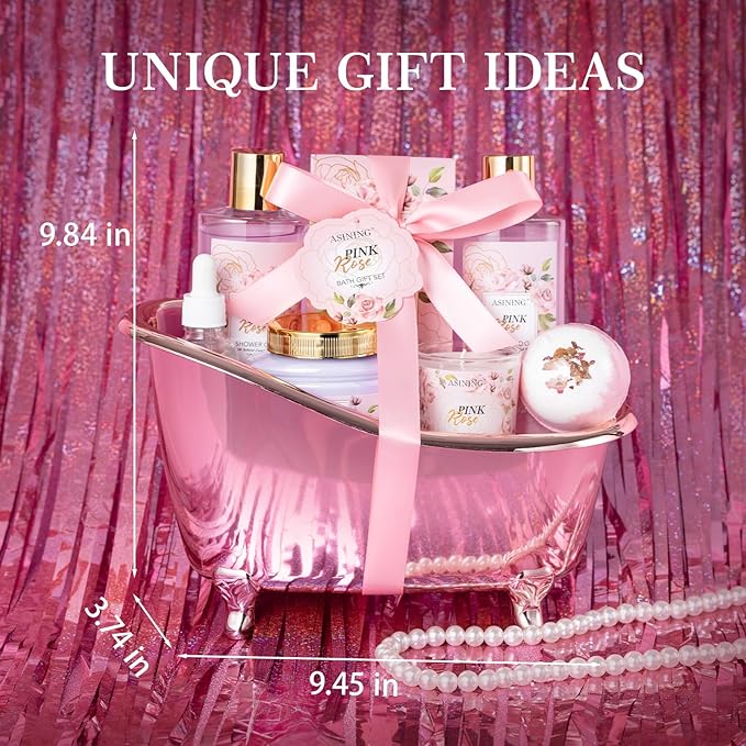 Bath and Body Gift Basket Set Mothers Day, 16 Pcs Luxury Rose & Vanilla Scent Spa Gift Basket Set for Women, Watermelon Body Scrub, Perfect Bath & Body Gift Set, Home Spa Bath Pamper Gifts Teens