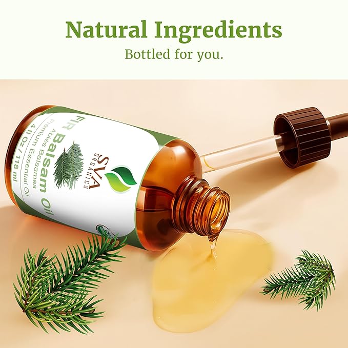 SVA Fir Balsam Essential Oil Organic – 4 Fl Oz – 100% Natural Organic Fir Oil - for Diffuser, Hair Care, Face, Skin Care, Aromatherapy, Scalp and Body Massage, Soap and Candle Making – with Dropper