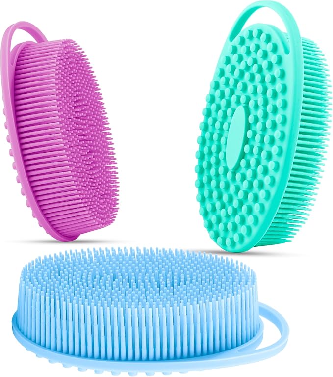 3 Pack Silicone Body Scrubber, Silicone Loofah Exfoliating Body Scrubber, Soft Silicones Body Brush Bath Shower Scrubber for Body, 2 in 1 Bath and Shampoo Wash Brush for Skin Exfoliation Men Women