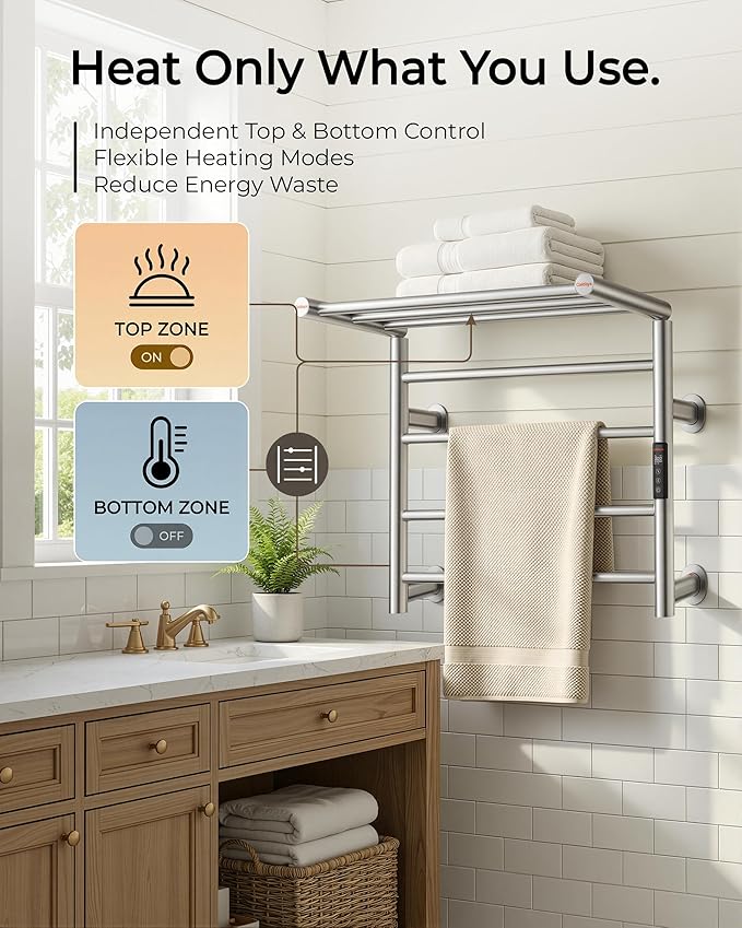 Foldable Heated Towel Rack, Smart Dual-Zone App & Voice Control Electric Towel Warmer Rack, GFCI Plug-in/Hardwired, Wall-Mounted, Drill-Free Install, Brushed, CA3-700X550-Pro-S