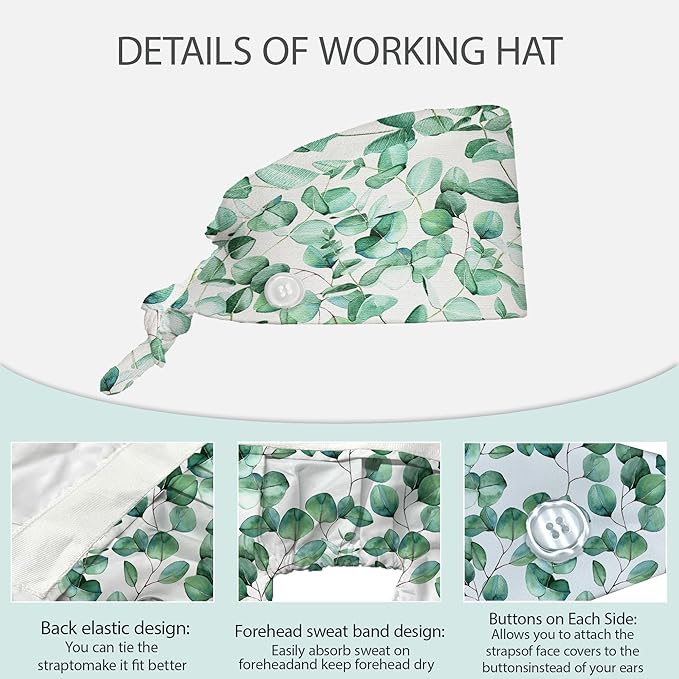 2 Pcs Working Cap with Sweatband for Women Men, Adjustable Cleaning Working Hats, Nurse Surgical Caps