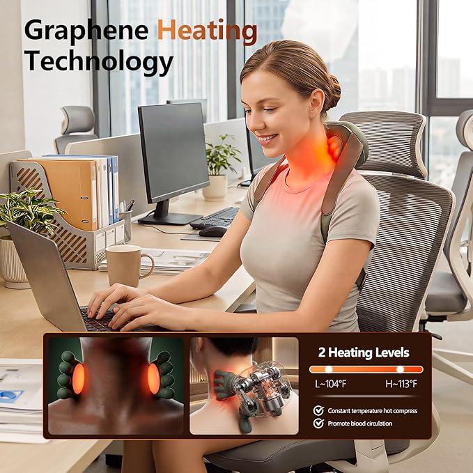 Neck Massager with Heat, 4D Bionic Finger Neck and Shoulder Massager, Hands-Free Cordless Deep Tissue Kneading Massager for Muscle Relaxation, Gifts for Women Men, Green