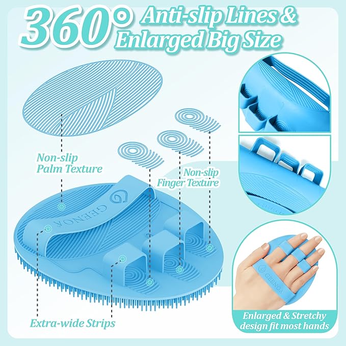 Silicone Back & Face Scrubber & Bath Glove Set 3PCS, 13.4'' Gentle Back Scrubber with Dual-Side Head, 360° Anti-Slip Bath Glove, Unique Side-bristled Face Scrubber for All-Round Cleaning(Blue)