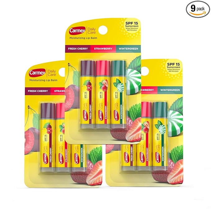 Carmex Daily Care Moisturizing Lip Balm Sticks, SPF 15, Multi-Flavor Lip Balm Pack, 9 Count (3 Packs of 3)