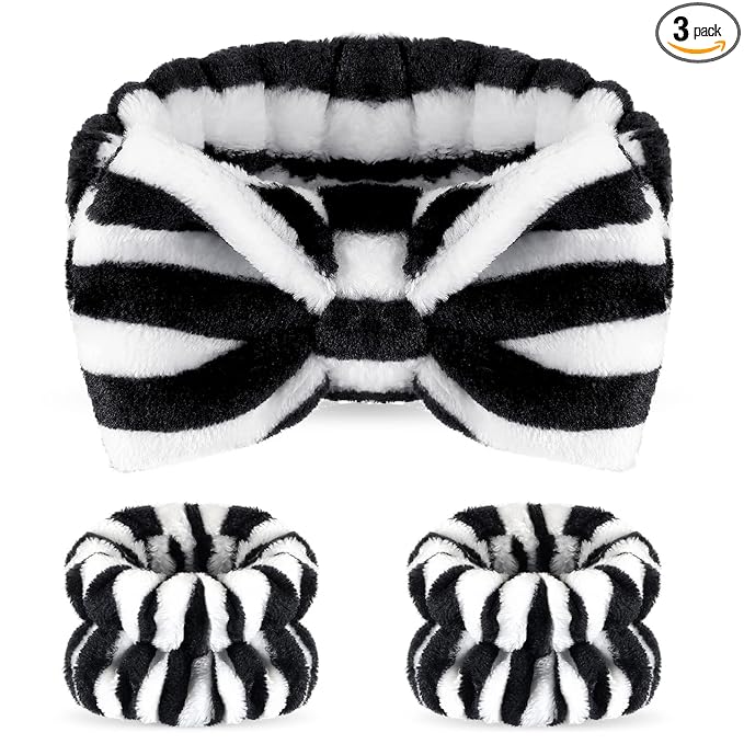 Hanaive 3 Pcs Spa Headband and Wristbands Set for Washing Face Makeup Skincare Hair Band Skin Care Accessories Tools for Women Gifts(Dark Stripes)