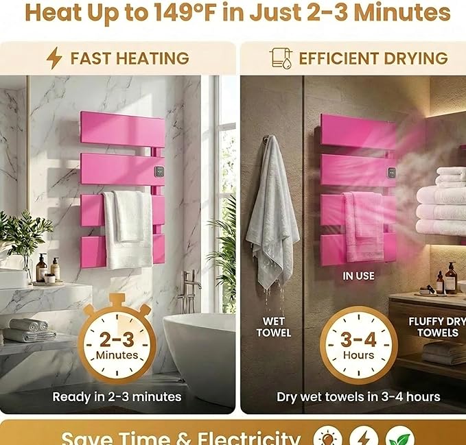 Electric Towel Warmer, Heated Towel Rack with Thermo Control and Timer, Fast Heating Towel Rail for Bathroom with Memroy Function, Work with Smart Plug, Right-Wiring, 4 Panel, Pink