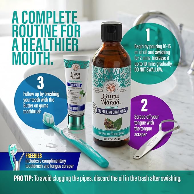 GuruNanda CocoMint Oil Pulling Mouthwash for Complete Oral Hygiene, 7 Essential Oils & Vitamins for Happy Teeth & Gums & Fresh Breath, with Toothbrush & Tongue Scraper, Alcohol-Free, 8 oz