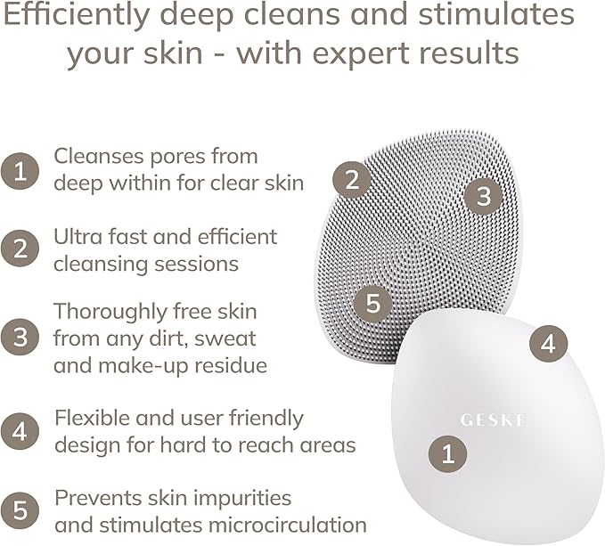 GESKE SmartAppGuided™ Facial Brush | 4 in 1 | Professional Facial Cleansing Brush | Skin Cleansing Silicone Facial Brush | Routine Skincare | Gentle Cleansing | Facial Cleanser