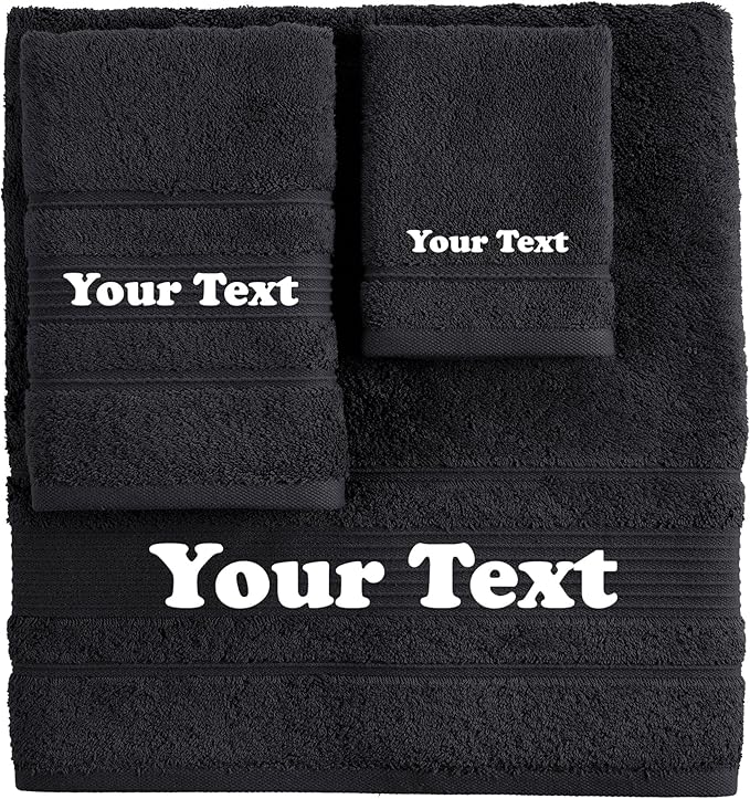 Personalize Your Towels with Custom Embroidery: Names, Monograms, and Initials. Perfect For Kids, Adults, Pool, Travel, Gifts, 3-Piece Towel Set; 1 Bath Towel, 1 Hand Towel, and 1 Wash Cloth - Black