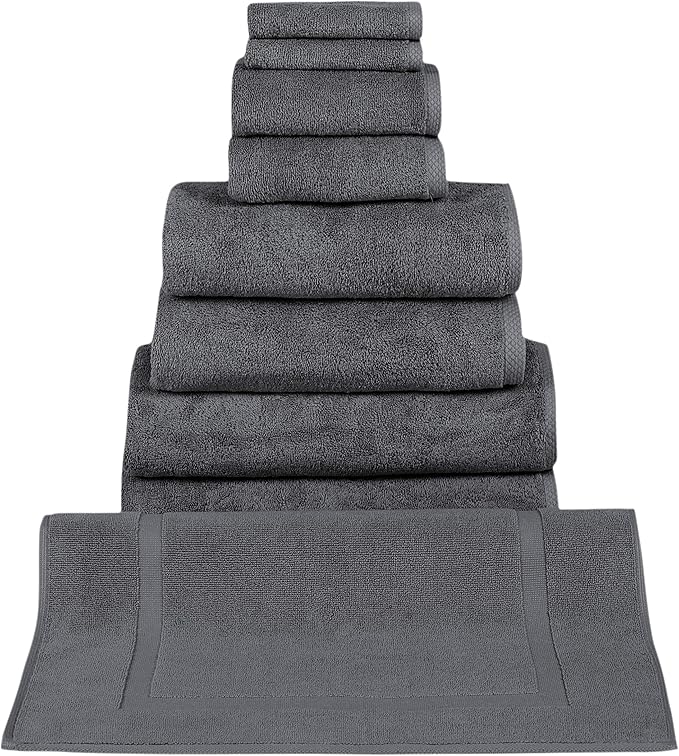 Classic Turkish Towels - Premium Cotton Quick-Dry 9 PC Bath Towel and Bath Mat Set - Soft, Lightweight, Bathroom Towels Made with 100% Turkish Cotton (Grey)