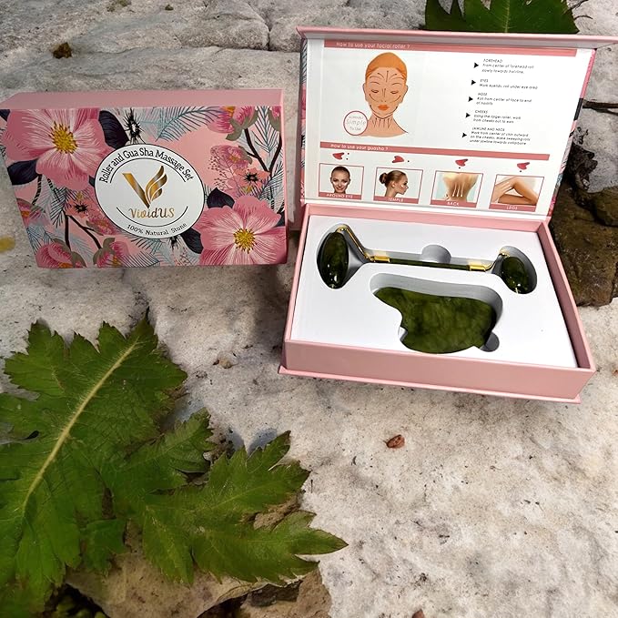 VIVIDUS Gua Sha and Jade Roller Set for Facial Massage, Improve Wrinkles, Reduce Puffiness and Redness, Gua Sha Stone Self Care Gift Set for Women Men (Green)