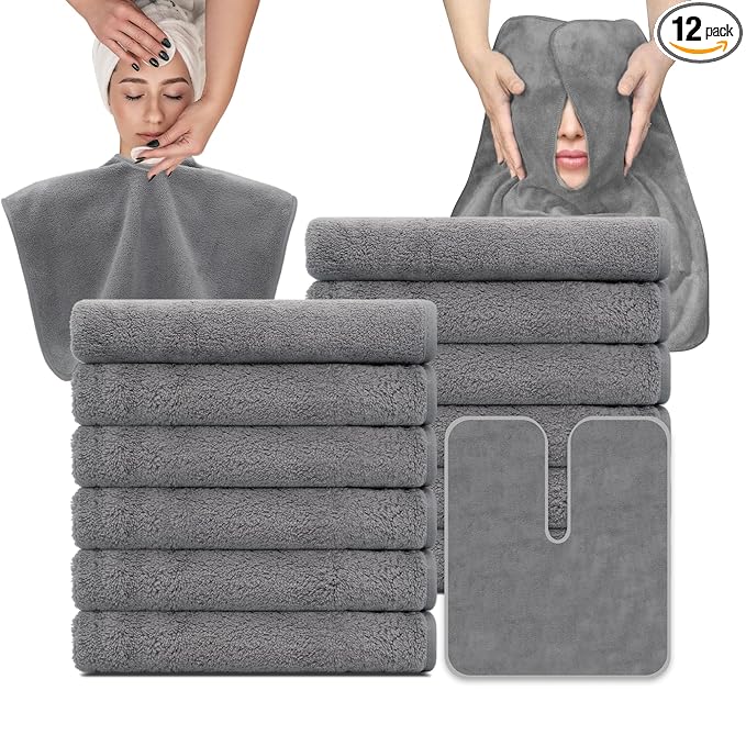 MAYOKEN® 12PCS U-Shaped Microfiber Facial Towels for Estheticians, Ultra-Soft & Absorbent Spa Towels for Massage, Facial Steam & Skincare (Gray)